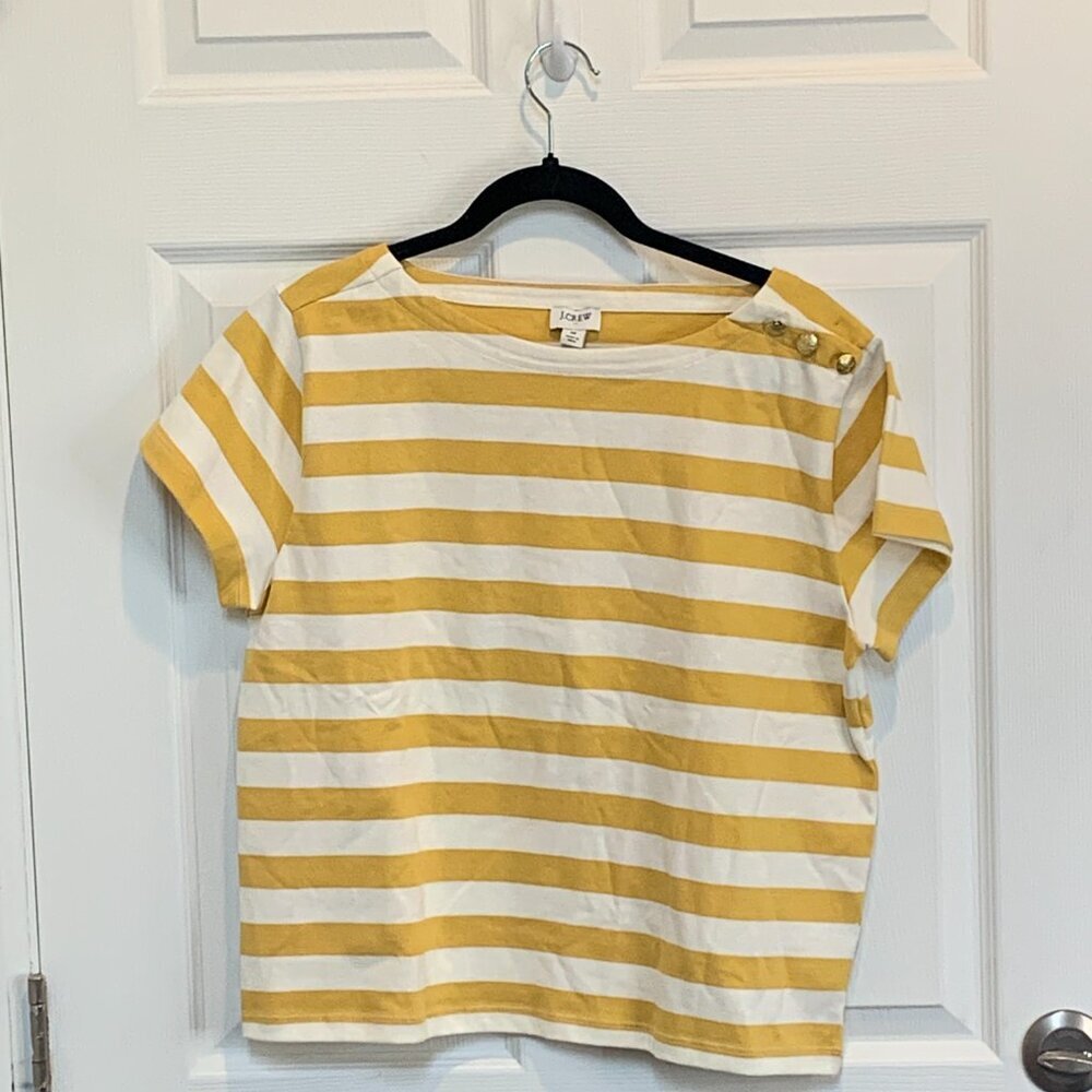 J CREW Wms's Striped Button-Shoulder Boatneck Tee Sz M * Flaw* #0569